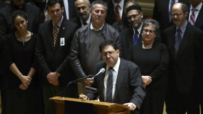 Rabbi Jonathan Perlman speaks at a community gathering in Soldiers & Sailors Memorial Hall & Museum in the aftermath of the deadly shooting at the Tree of Life Synagogue in Pittsburgh, on Oct. 28, 2018. (AP Photo/Matt Rourke)