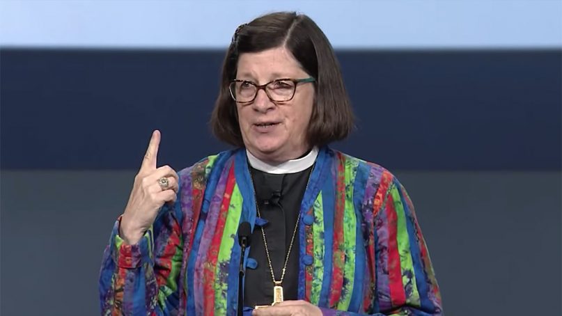 Presiding Bishop Elizabeth Eaton explains procedures for the ELCA Churchwide Assembly on Monday, Aug. 5, 2019, in Milwaukee. Video screenshot