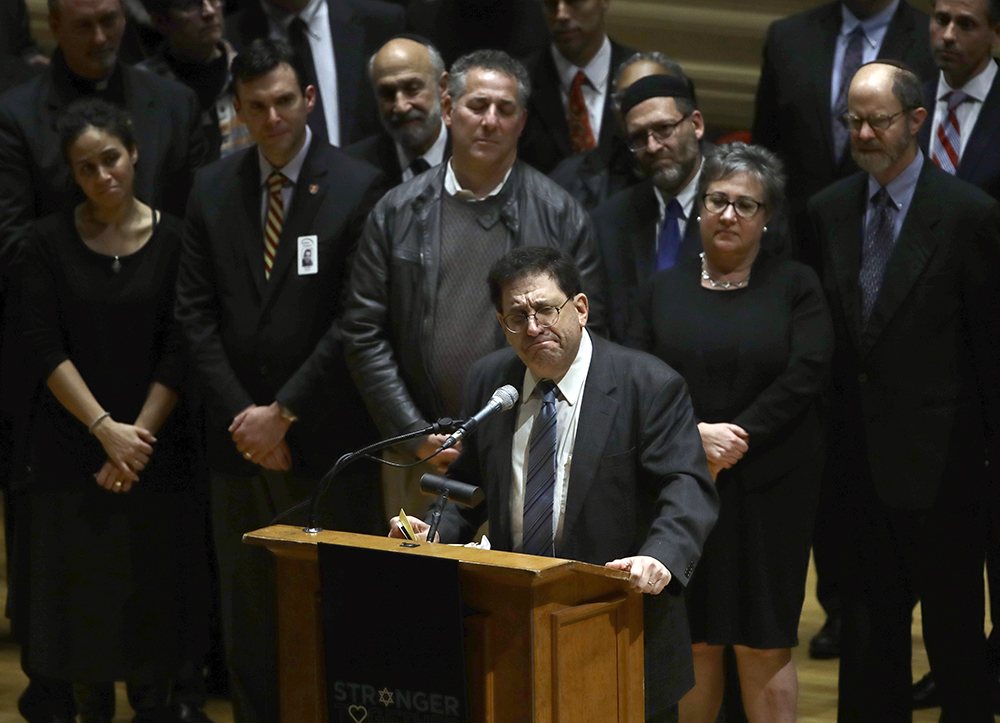Rabbi Jonathan Perlman speaks at a community gathering in Soldiers & Sailors Memorial Hall & Museum in the aftermath of the deadly shooting at the Tree of Life Synagogue in Pittsburgh, on Oct. 28, 2018. (AP Photo/Matt Rourke)