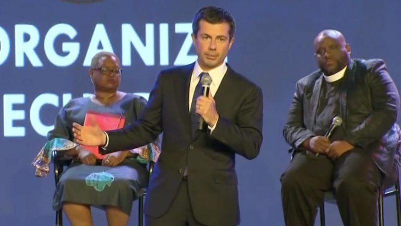 Presidential candidate Mayor Pete Buttigieg addresses the first day of the Black Church PAC presidential candidate forum at the Young Leaders Conference in Atlanta on Aug. 16, 2019. Video screengrab