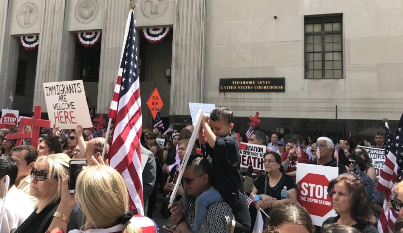 Chaldeans and other protesters demonstrate in June 2017 outside the U.S. Courthouse in Detroit as a federal District Court judge decided the fate of 114 Iraqi immigrants facing deportation. Photo: Weam Namou