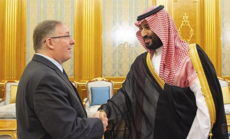 In this photo provided by embassy of the Kingdom of Saudi Arabia, dual U.S.-Israeli national Joel Rosenberg shakes hands with Crown Prince Mohammed bin Salman at a palace in Jiddah, Saudi Arabia, on Sept. 10, 2019.  The Saudi government published photos of the meeting, which took place on Tuesday and was attended by leading American-Christian Zionist leaders, including Rosenberg. The nine-person delegation also includes the Rev. Johnnie Moore, a co-chairman of President Donald Trump's evangelical advisory council, and Larry Ross, once a longtime spokesman for one of America's most well-known evangelicals, Billy Graham.  (Embassy of the Kingdom of Saudi Arabia via AP)