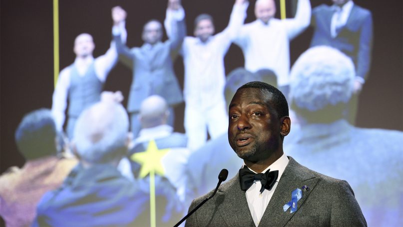 Honoree Yusef Salaam, one of five Harlem teenagers who was wrongly convicted of assaulting and raping a female jogger in New York City's Central Park in 1989, addresses the audience at the ACLU SoCal's 25th annual luncheon on June 7, 2019, in Los Angeles. (Photo by Chris Pizzello/Invision/AP)