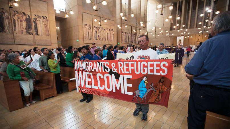 People participate in the Mass in Recognition of all Immigrants in 2018 in the Archdiocese of Los Angeles. Photo by Victor Aleman, courtesy of the Archdiocese of Los Angeles