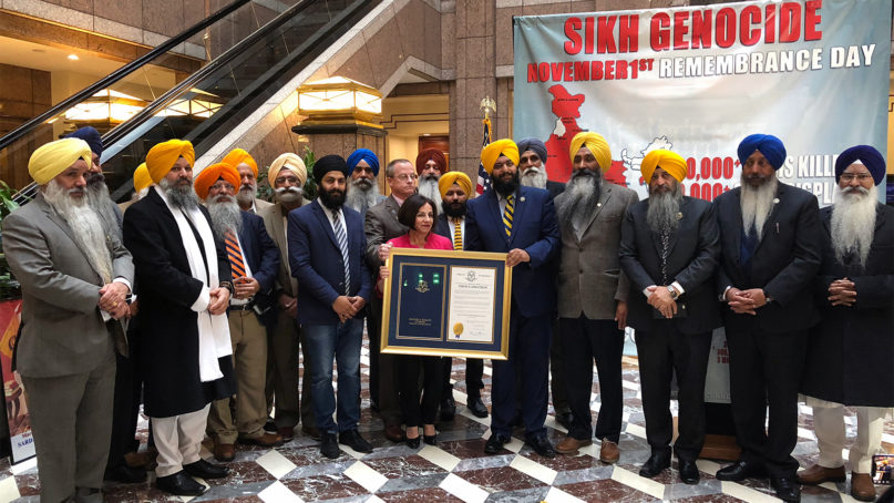 People gather to commemorate a Sikh Genocide Remembrance Day at the Connecticut state capitol in Hartford in Nov. 2018. Courtesy photo