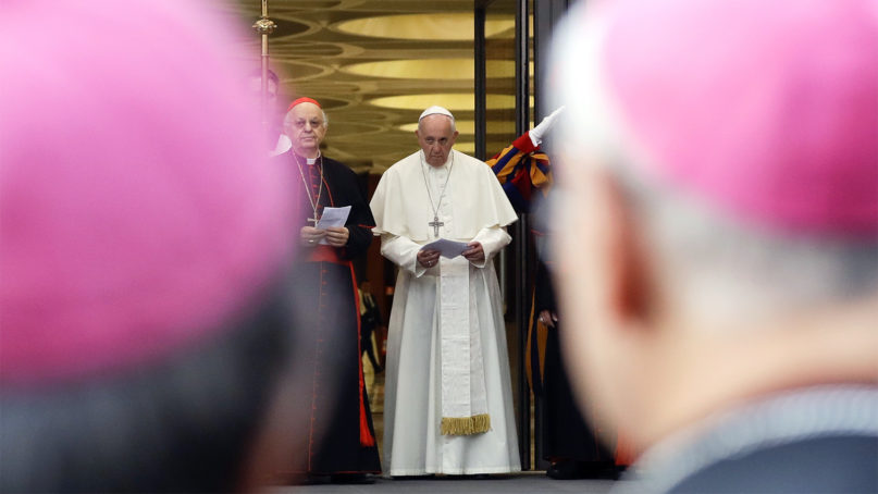 Pope Francis speaks during the opening of the Amazon synod, at the Vatican, Monday, Oct. 7, 2019. Pope Francis opened a three-week meeting on preserving the rainforest and ministering to its native people as he fended off attacks from conservatives who are opposed to his ecological agenda. (AP Photo/Andrew Medichini)