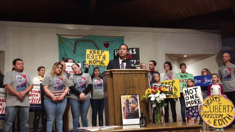 Democratic presidential candidate Julián Castro speaks while visiting Edith Espinal, front row third from left, at Columbus Mennonite Church in Columbus, Ohio, on Oct. 15, 2019. Video screengrab