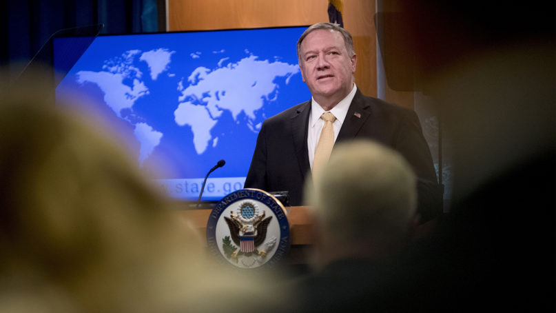 Secretary of State Mike Pompeo speaks at a news conference at the State Department in Washington, Monday, Nov. 18, 2019. Pompeo spoke about Iran, Iraq, Israeli settlements in the West Bank, protests in Hong Kong, and Bolivia, among other topics. (AP Photo/Andrew Harnik)