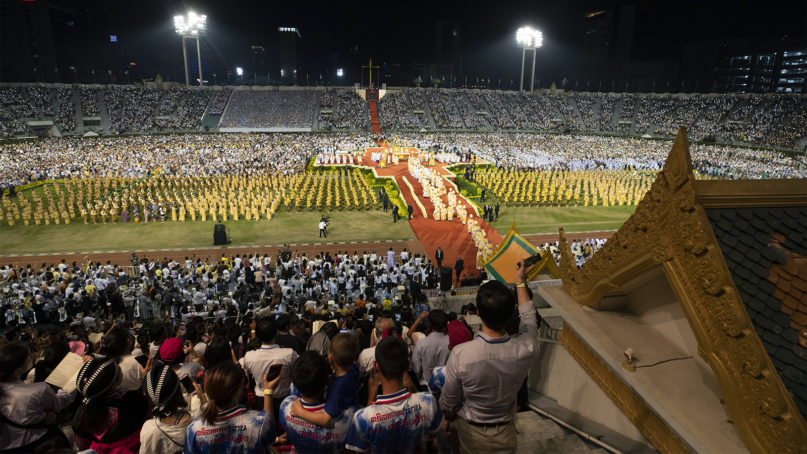 Pope Francis celebrates a Mass at the National Stadium, Thursday, Nov. 21, 2019, in Bangkok, Thailand. During an open-air Mass at Bangkok’s national sports stadium, Francis denounced the scourges afflicting the poorest of the region. (AP Photo/Wason Wanichakorn)