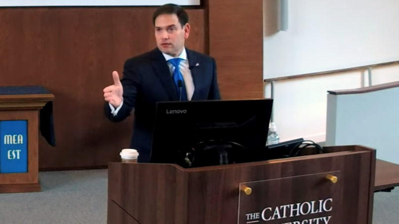 Sen. Marco Rubio speaks at Catholic University of America on Nov. 5, 2019, in Washington. Video screengrab via CUA