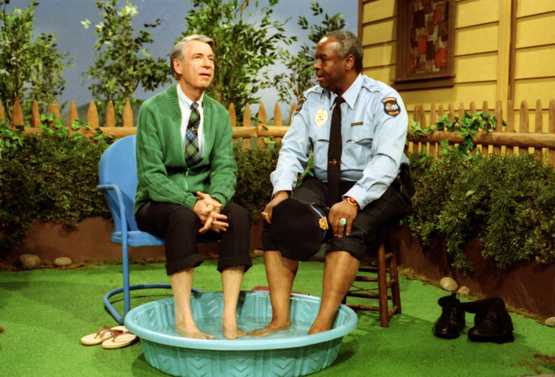 Fred Rogers, left, with guest Francois Scarborough Clemmons on the set of the show “Mister Rogers’ Neighborhood.” Photo by John Beale