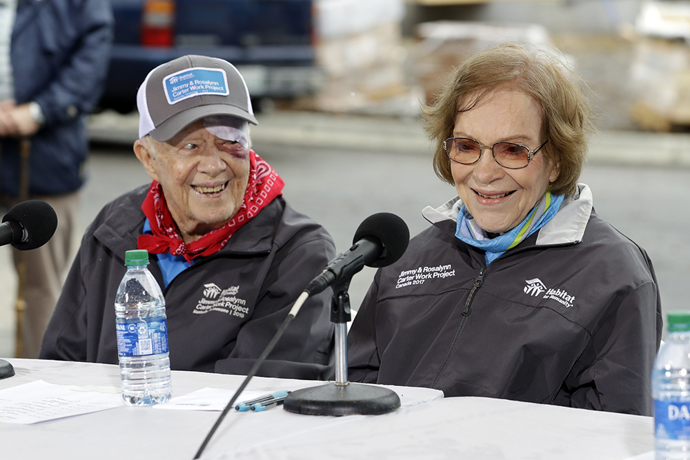 Former President Jimmy Carter and former First Lady Rosalynn Carter answer questions during a news conference at a Habitat for Humanity project Monday, Oct. 7, 2019, in Nashville, Tenn. Jimmy Carter wears a bandage after a fall the day before at his home in Plains, Ga. (AP Photo/Mark Humphrey)