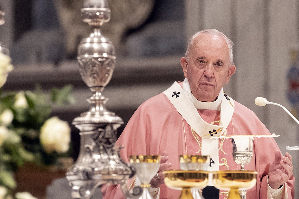 Pope Francis celebrates a Mass for the Philippine community of Rome, in St. Peter's Basilica at the Vatican, Sunday, Dec. 15, 2019. (AP Photo/Alessandra Tarantino)