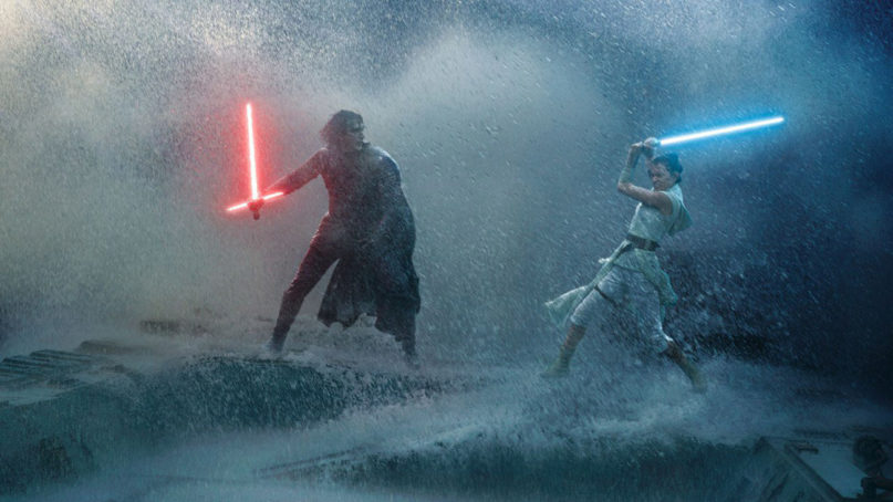 Kylo Ren, left, and Rey battle in “Star Wars – Episode IX: The Rise of Skywalker.” Photo courtesy of Disney/Lucasfilm