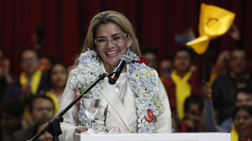Bolivia’s interim president, Jeanine Anez, smiles during a ceremony announcing her nomination as presidential candidate for the May 3 elections in La Paz, Bolivia, on Jan. 20, 2020.  (AP Photo/Juan Karita)