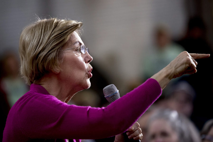 Presidential candidate Sen. Elizabeth Warren, D-Mass., speaks at a rally at West Delaware High School, Saturday, Jan. 4, 2020, in Manchester, Iowa. (AP Photo/Andrew Harnik)