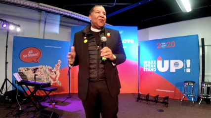 The Rev. Alvin Herring speaks during the Vote Common Good  summit in Des Moines, Iowa, Friday, Jan. 10, 2020. Video screen via Vote Common Good