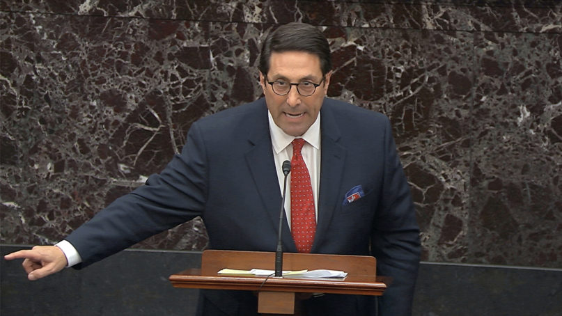 In this image from video, Jay Sekulow, personal attorney to President Donald Trump, argues against an amendment proposed by Senate Minority Leader Chuck Schumer, D-New York, to subpoena John Bolton during the impeachment trial against Trump in the Senate at the U.S. Capitol, in Washington, on Jan. 22, 2020. (Senate Television via AP)