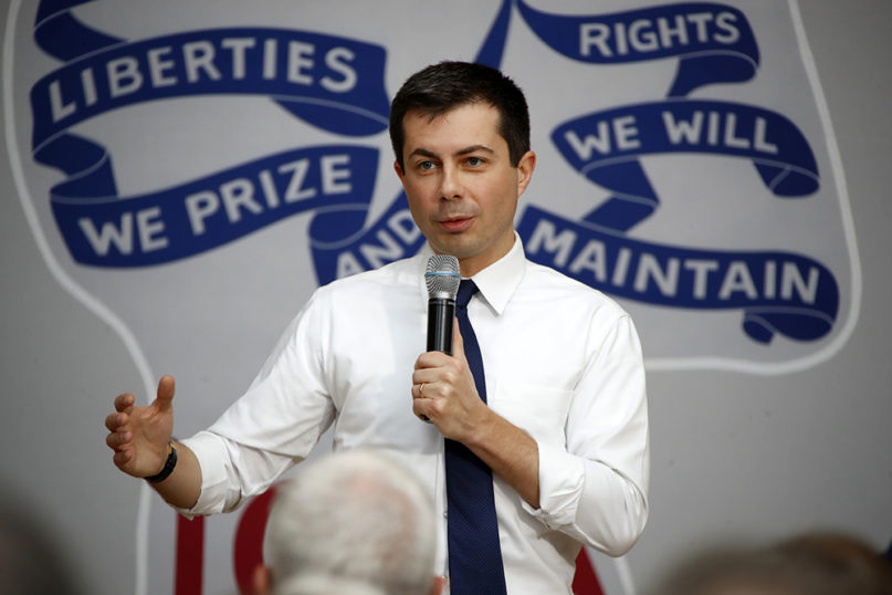 Democratic presidential candidate Pete Buttigieg speaks during a town hall meeting at the University of Dubuque in Dubuque, Iowa, Wednesday, Jan. 22, 2020. (AP Photo/Gene J. Puskar)