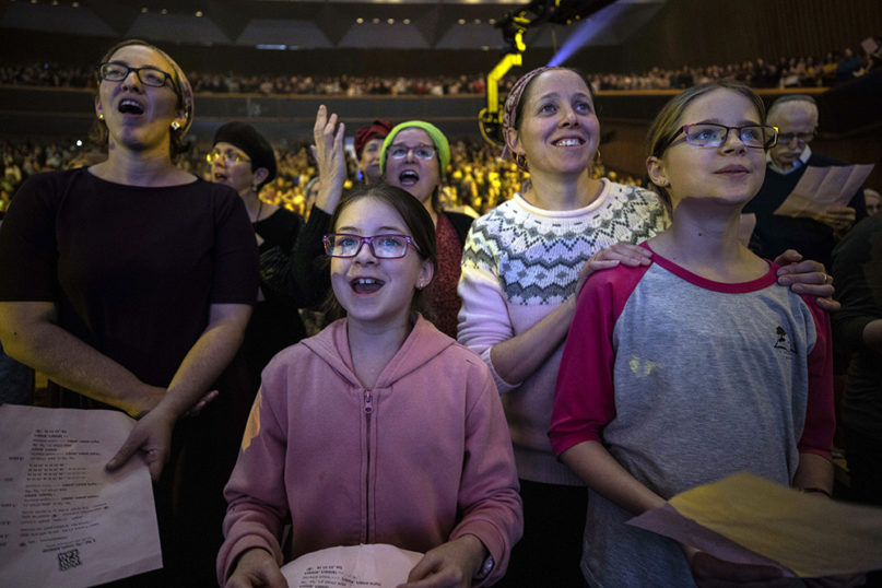 Jewish Orthodox women attend an event celebrating the completion of the seven-and-a-half-year cycle of daily study of the Talmud, in Jerusalem, on Jan. 5, 2020. (AP Photo/Tsafrir Abayov)