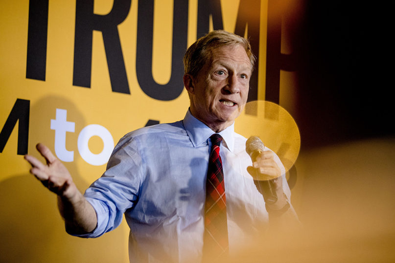 Democratic presidential candidate businessman Tom Steyer speaks at a campaign stop at the Grumpy Goat Tavern, Tuesday, Jan. 28, 2020, in Ankeny, Iowa. (AP Photo/Andrew Harnik)