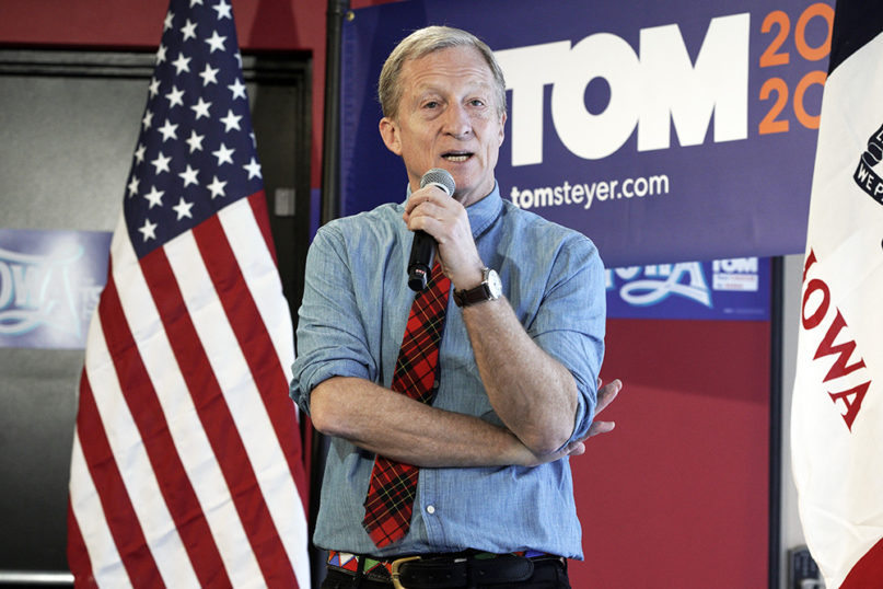 Democratic presidential candidate businessman Tom Steyer speaks during a meet and greet campaign stop in Council Bluffs, Iowa, Tuesday, Jan. 21, 2020. (AP Photo/Nati Harnik)