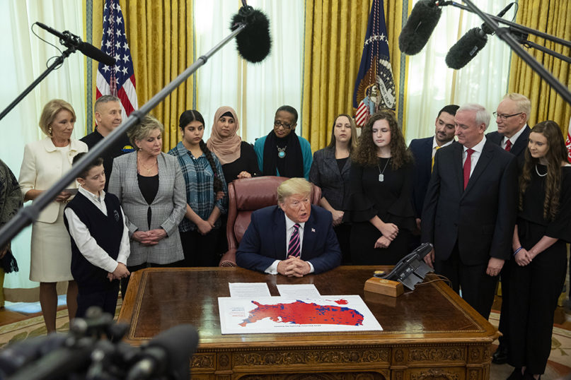 President Donald Trump speaks during an event on prayer in public schools, in the Oval Office of the White House, on Jan. 16, 2020, in Washington. (AP Photo/ Evan Vucci)