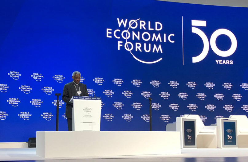 Cardinal Peter Turkson delivers a message from Pope Francis to the World Economic Forum in Davos, Switzerland, Tuesday, Jan. 21, 2020. RNS photo by Claire Giangravé