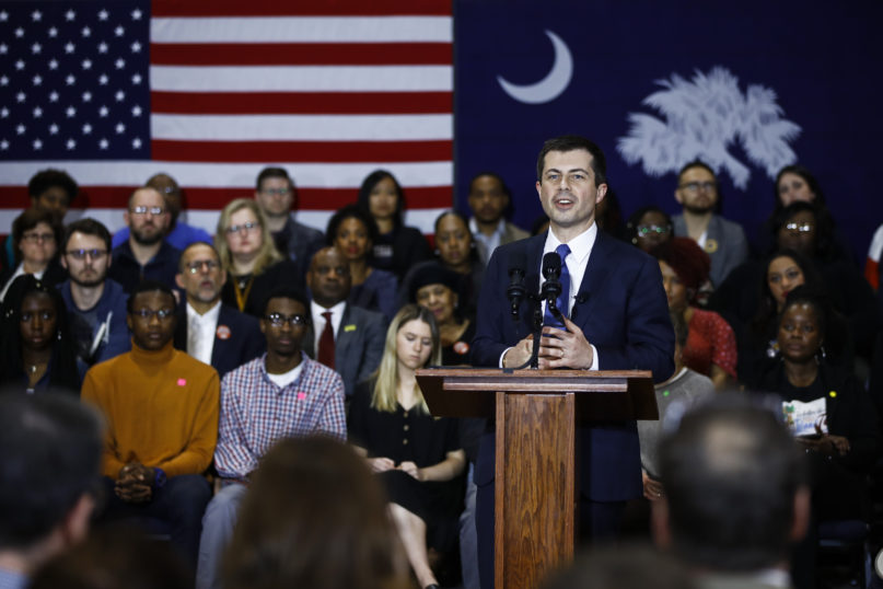 Democratic presidential candidate former South Bend, Indiana, Mayor Pete Buttigieg speaks during a campaign event Feb. 24, 2020, in North Charleston, South Carolina. (AP Photo/Matt Rourke)
