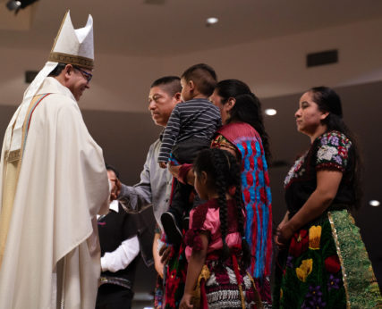 Bishop Alberto Rojas, left, is greeted by parishioners during a welcoming Mass at St. Paul the Apostle Church, Monday, Feb. 24, 2020, in Chino Hills, California. Photo courtesy of Diocese of San Bernardino
