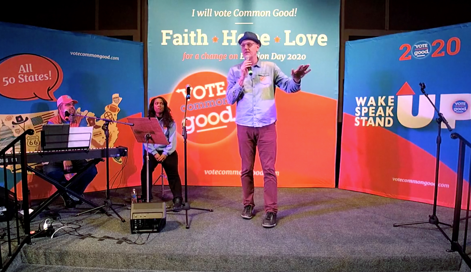 Doug Pagitt, center, speaks during a Vote Common Good rally at a United Church of Christ in Fresno, California, on Jan. 19, 2020. Video screen grab