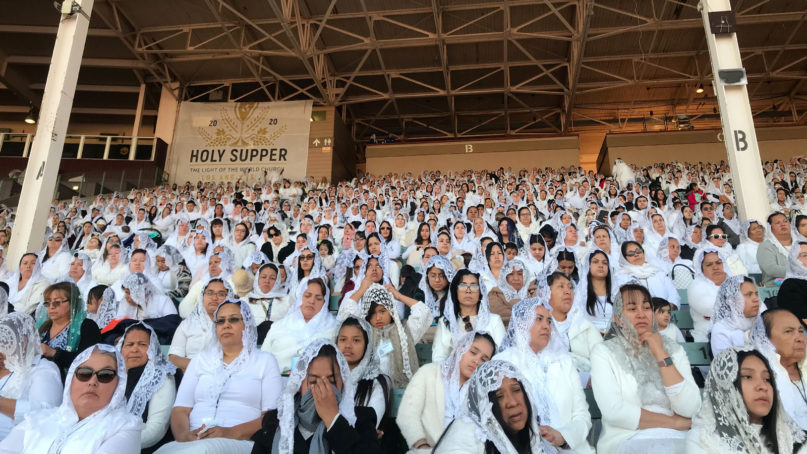 Females fill a section of stands at the Fairplex fairgrounds on Feb. 14, 2020, during the third and final day of La Luz del Mundo’s Holy Supper ceremony in Pomona, California. RNS photo by Alejandra Molina
