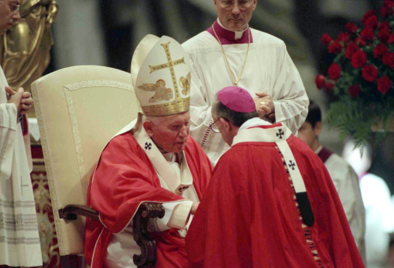 Pope John Paul II greets the archbishop of Buenos Aires, Archbishop Jorge Mario Bergoglio, at the Vatican on June 29, 1998. (AP Photo/Sambucetti)