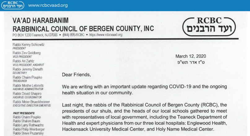 A March 12, 2020, letter from the Rabbinical Council of Bergen County. Screengrab