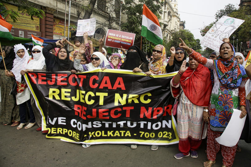 Indian Muslims shout slogans during a protest rally against a new citizenship law, in Kolkata, India, on March 5, 2020. The new citizenship law fast-tracks naturalization for non-Muslim migrants from neighboring Pakistan, Bangladesh and Afghanistan who are living in the country illegally. Opponents of the law say it violates India's constitution and further marginalizes Muslims in this Hindu-majority nation of 1.4 billion people. (AP Photo/Bikas Das)