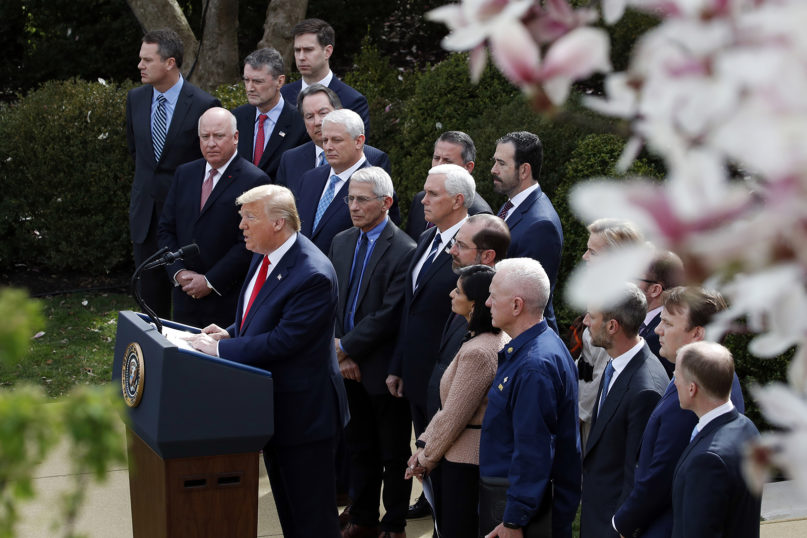 President Donald Trump speaks during a news conference about the coronavirus in the Rose Garden at the White House, Friday, March 13, 2020, in Washington. (AP Photo/Alex Brandon)