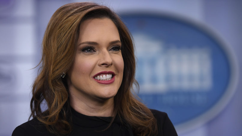Communications adviser Mercedes Schlapp does a television interview in the press briefing at the White House in Washington on Jan. 29, 2019. (AP Photo/Susan Walsh)