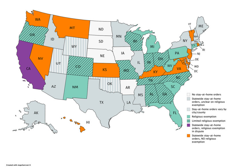 United States map of religious exemption to stay-at-home orders due to the coronavirus. Updated April 14, 2020.