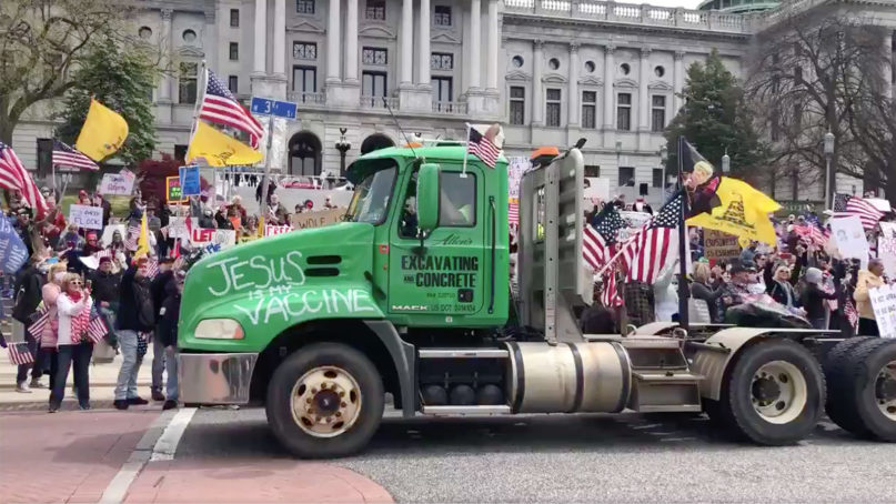 People protest stay-at-home orders at the state Capitol in Harrisburg, Pennsylvania, on April 20, 2020. Video screengrab via Twitter/Miguel Marquez