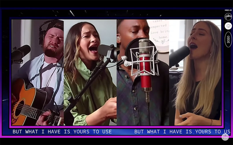 Musicians perform remotely during a Hillsong East Coast online service, Sunday, April 26, 2020. Video screengrab