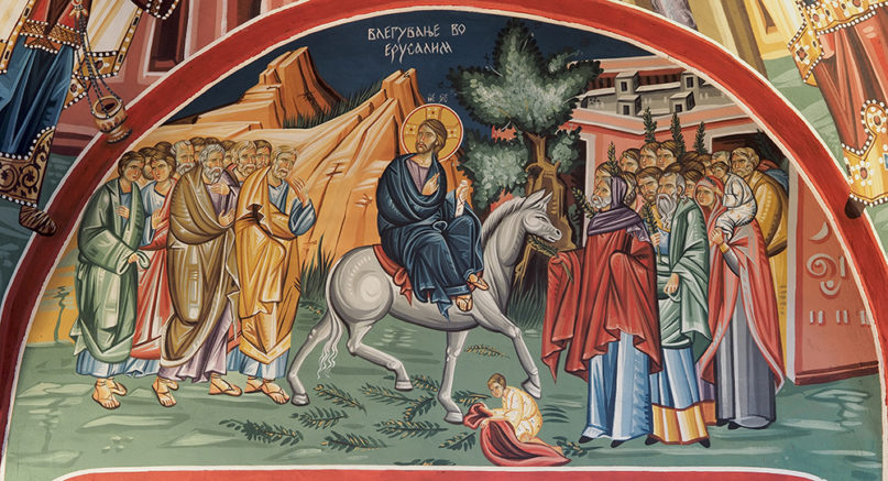 A painting of Jesus entering Jerusalem in the Church of the Nativity of the Theotokos in Skopje, North Macedonia. Photo by Petar Milošević/Creative Commons