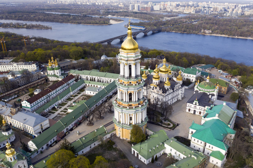 An aerial view of the Monastery of the Caves, also known as Kyiv-Pechersk Lavra, one of the holiest sites of Eastern Orthodox Christians, in Kyiv, Ukraine, Monday, April 13, 2020. (AP Photo/Efrem Lukatsky)