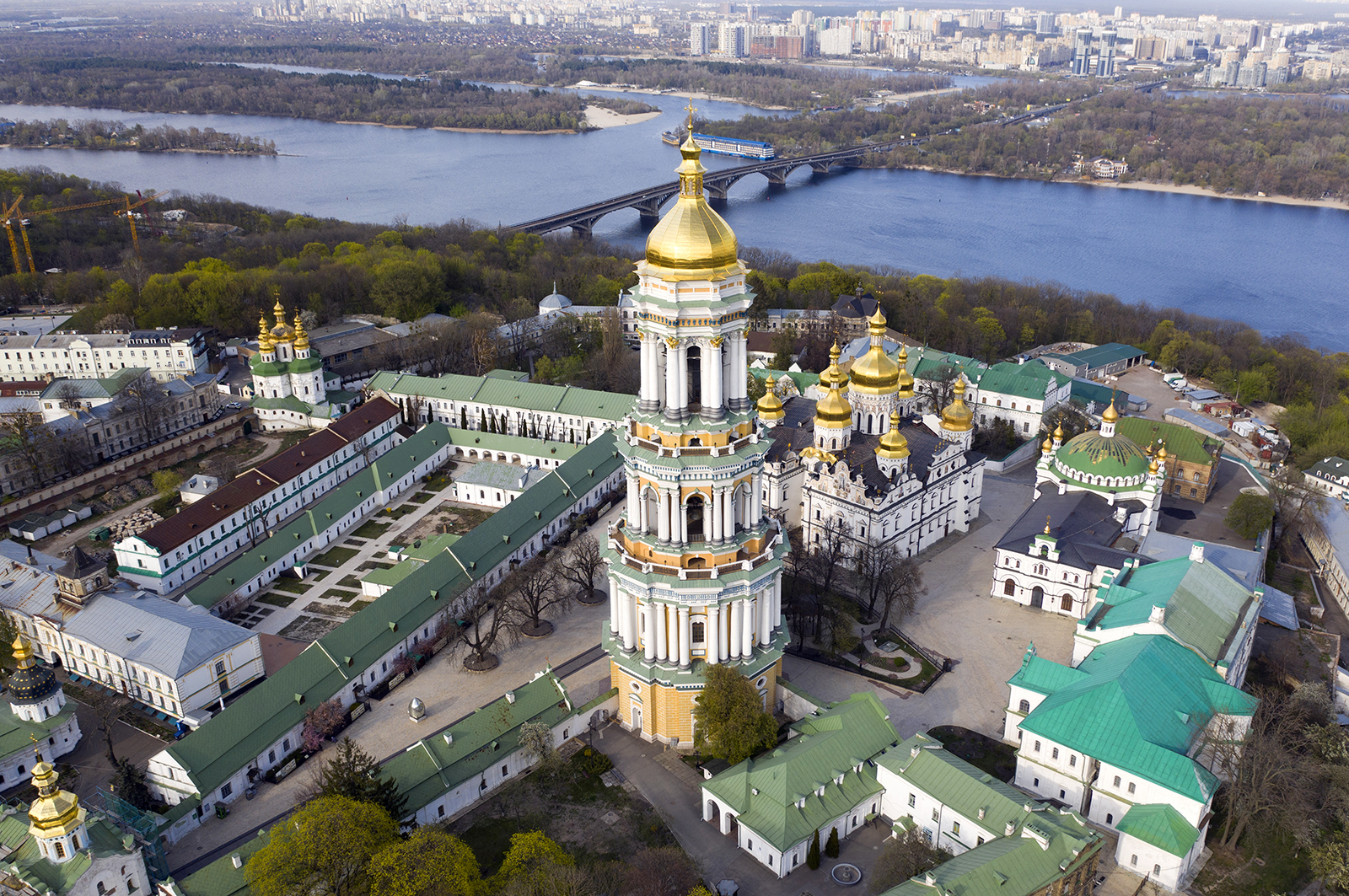 An aerial view of the ancient Kiev Monastery of the Caves, which is closed for coronavirus quarantine, in Kiev, Ukraine, Monday, April 13, 2020. More than 90 COVID-19 cases have been confirmed at the monastery, of which 63 were monks, making the thousand-year old historical and religious center the biggest hotbed of coronavirus outbreaks in the Ukrainian capital. (AP Photo/Efrem Lukatsky)