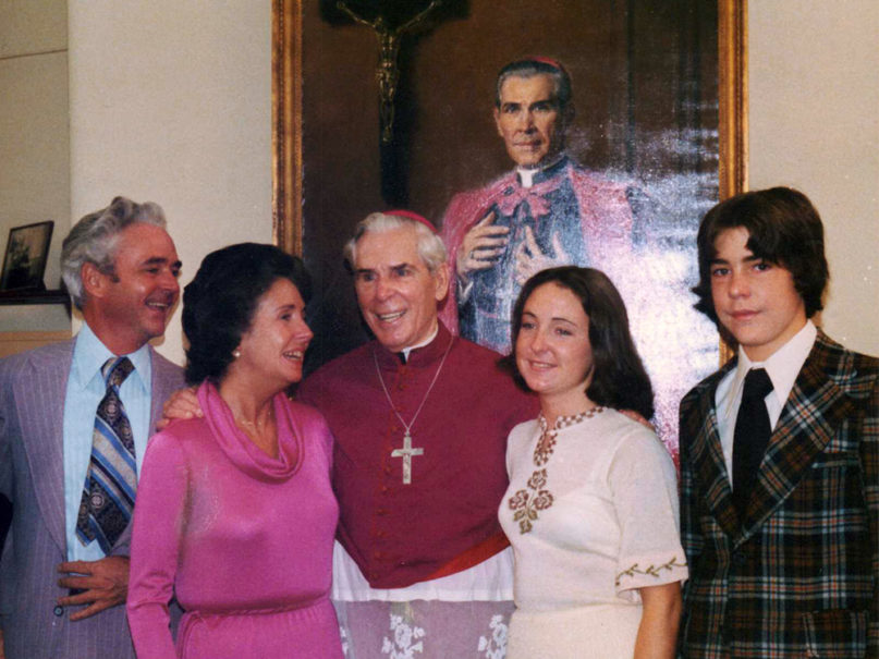 Archbishop Fulton Sheen, center, with his niece Joan Sheen Cunningham, second from left, and her family at St. Bernard's School of Theology and Ministry in Rochester, New York. Photo courtesy of Joan Sheen Cunningham