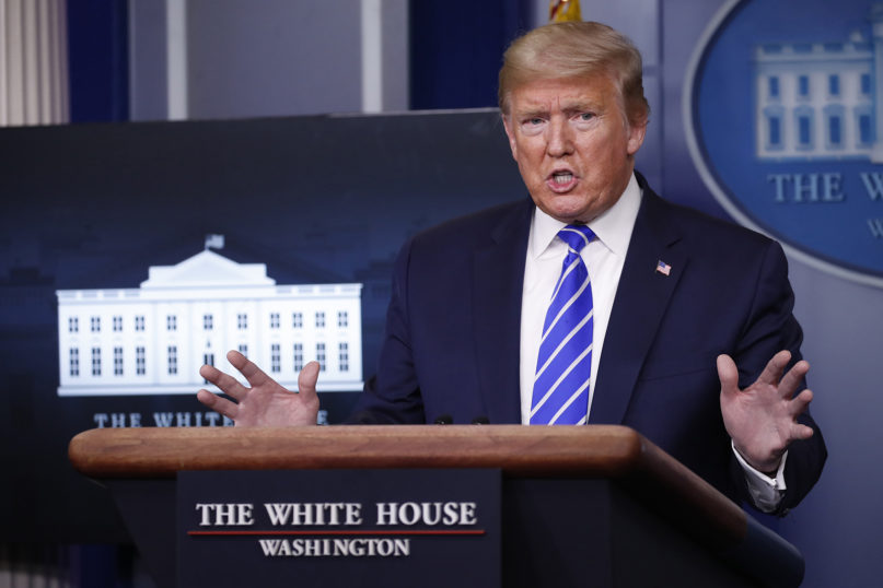 President Donald Trump speaks about the coronavirus in the James Brady Press Briefing Room of the White House on April 23, 2020, in Washington. (AP Photo/Alex Brandon)
