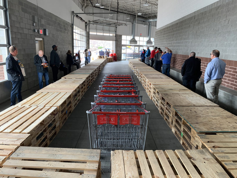 Customers wait in line to enter a Costco warehouse store in Kansas City, Missouri, on March 23, 2020. RNS photo by Kit Doyle
