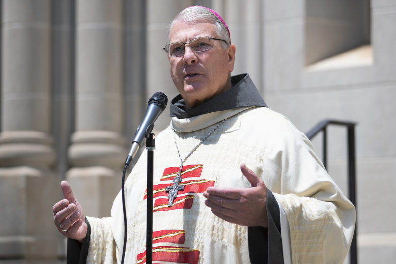Archbishop Gregory John Hartmayer speaks to reporters after being installed as the Archbishop of Atlanta, Wednesday, May 6, 2020, in Atlanta. (AP Photo/John Bazemore)