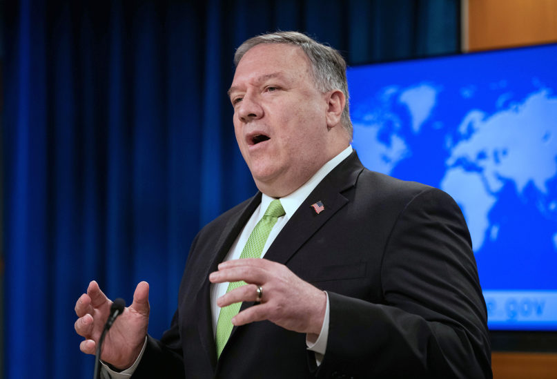Secretary of State Mike Pompeo speaks during a news briefing at the State Department on May 20, 2020, in Washington. (Nicholas Kamm/Pool Photo via AP)