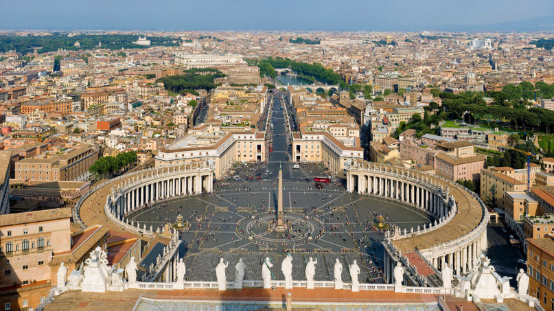 A view of St. Peter’s Square, Vatican City and Rome from the top of Michelangelo’s dome in St. Peter’s Basilica. Photo by David Iliff/Creative Commons/CC BY-SA 3.0