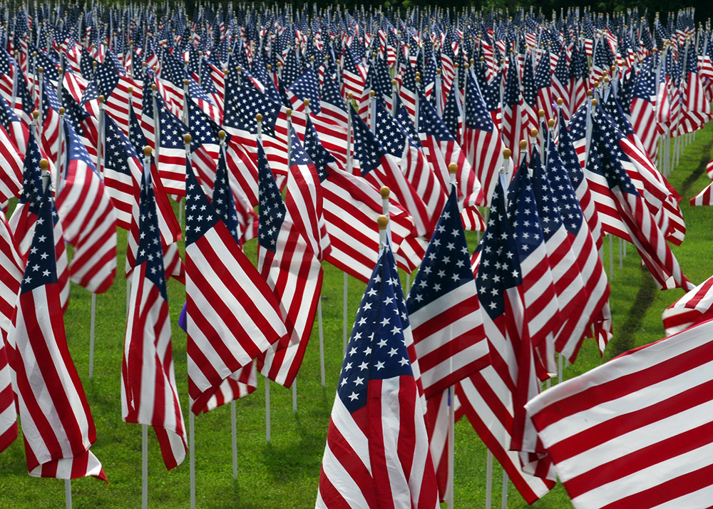 American flags fill a field. Photo by Jean Beaufort/Creative Commons
